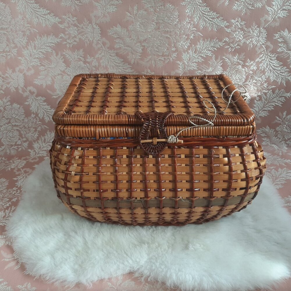 Vintage 1970s Colourful Sewing Box Craft Hobby Storage Wicker Basket